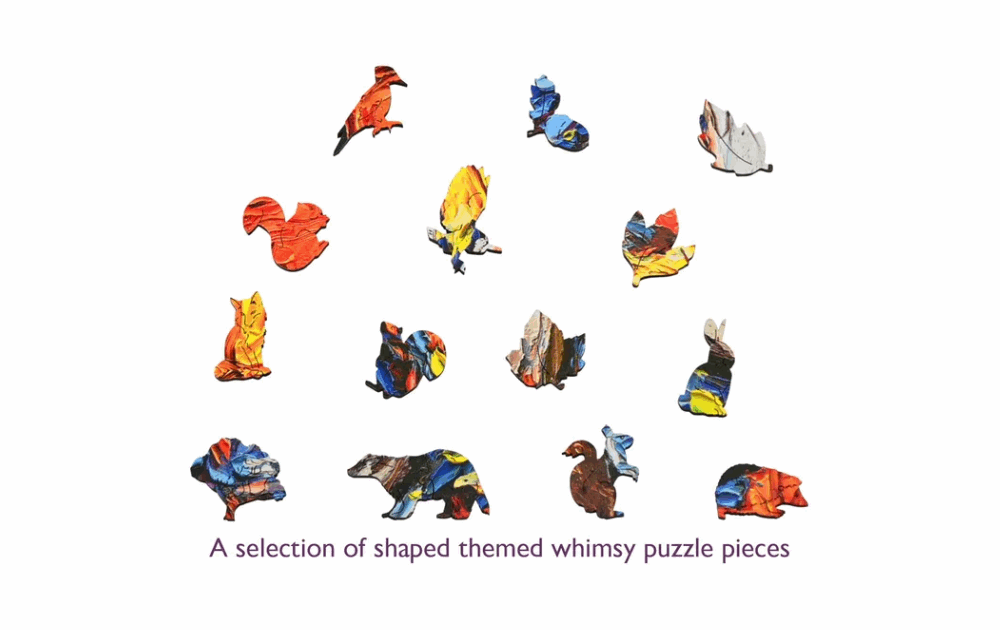 Squirreling Away jigsaw 240 pieces with colorful shaped whimsy puzzle pieces