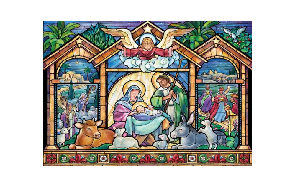 Wentworth stained glass jigsaw 500 pieces featuring a beautiful nativity scene with vivid colours