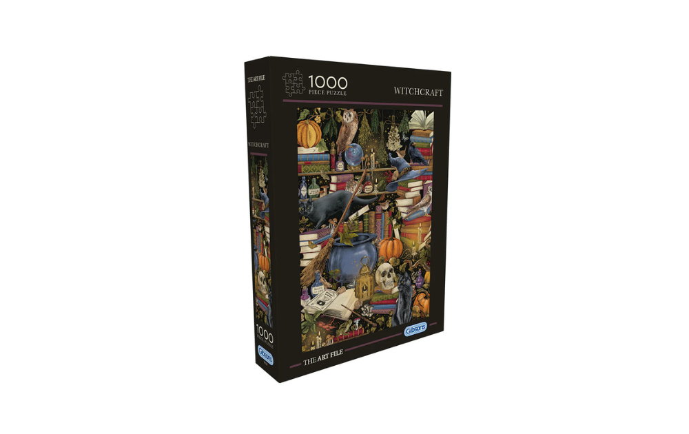 Gibsons Witchcraft jigsaw puzzle 1000 pieces box showing colourful witch study scene with cauldron books skull and black cat