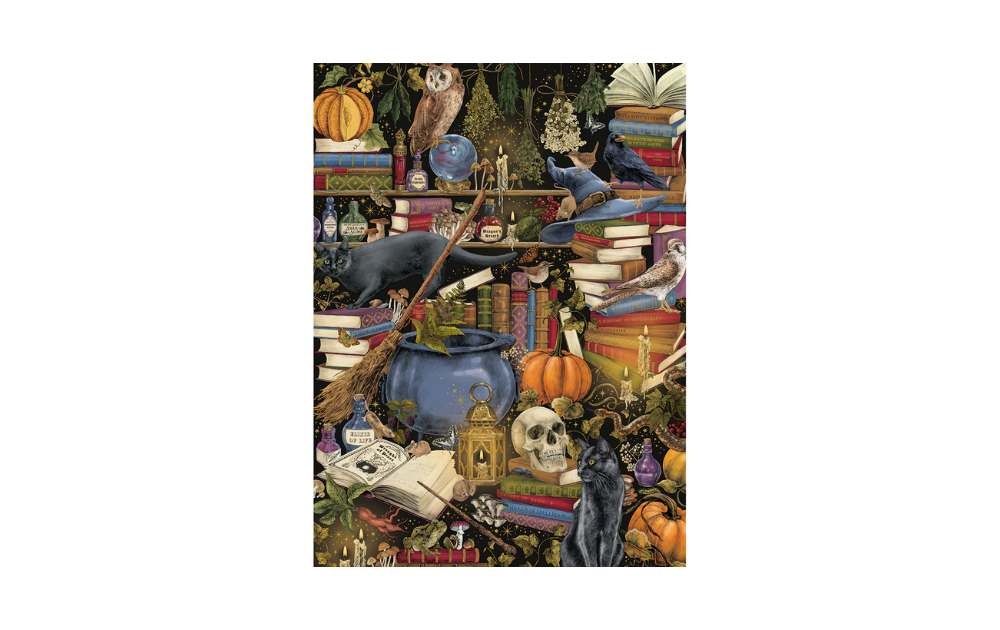 Witchcraft jigsaw puzzle 1000 pieces by Gibsons showing cauldron skull broom black cat owls books and potions