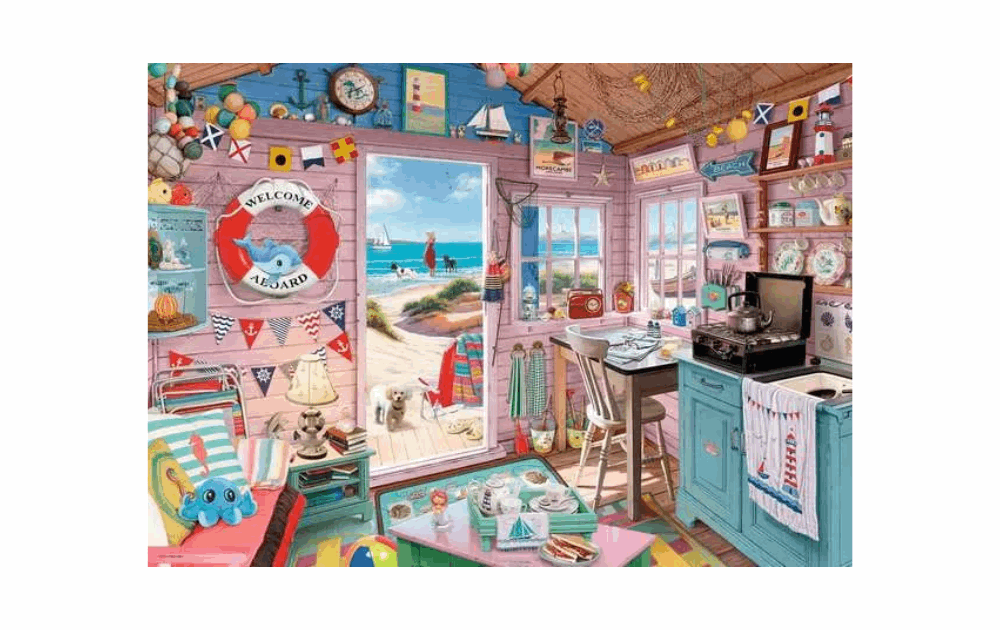 The Beach Hut jigsaw puzzle featuring a colorful interior with beach decor and a scenic ocean view