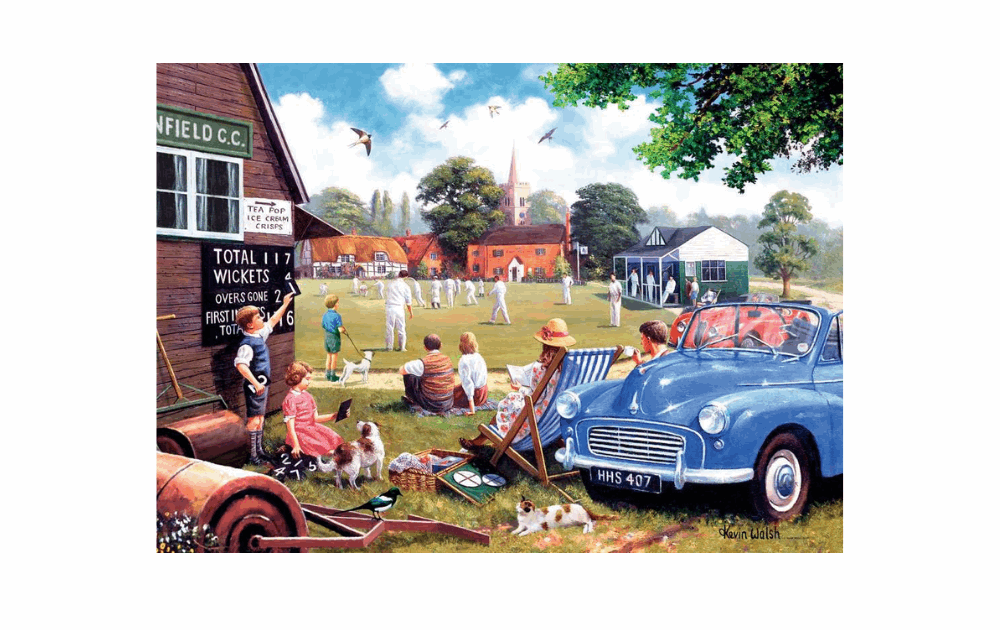 The Scoreboard End jigsaw featuring a vintage cricket scene with players and spectators in a sunny park