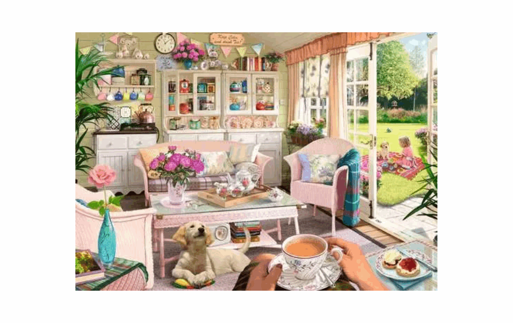 The Tea House jigsaw puzzle featuring a cozy interior with a dog and a view of the garden