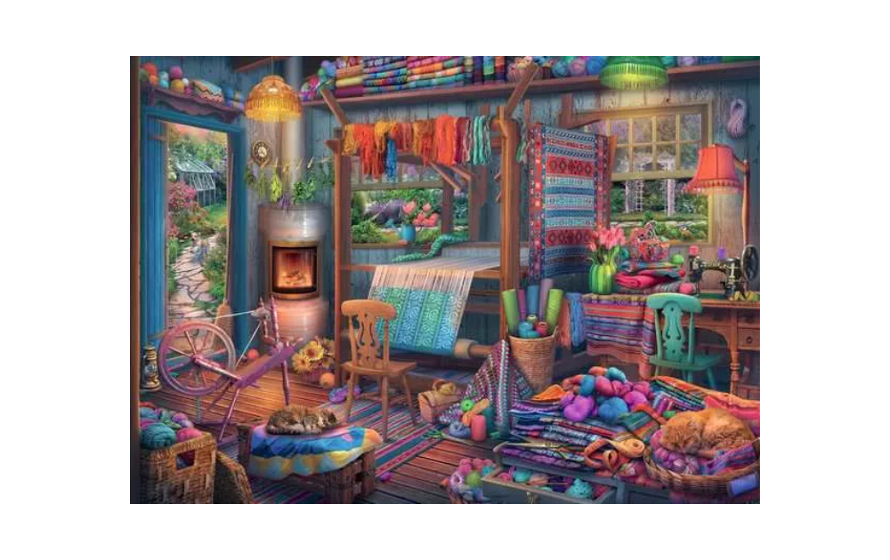 Ravensburger The Weavers Workshop 1000 piece puzzle showing colourful weaving studio with yarn, spinning wheel, and cats