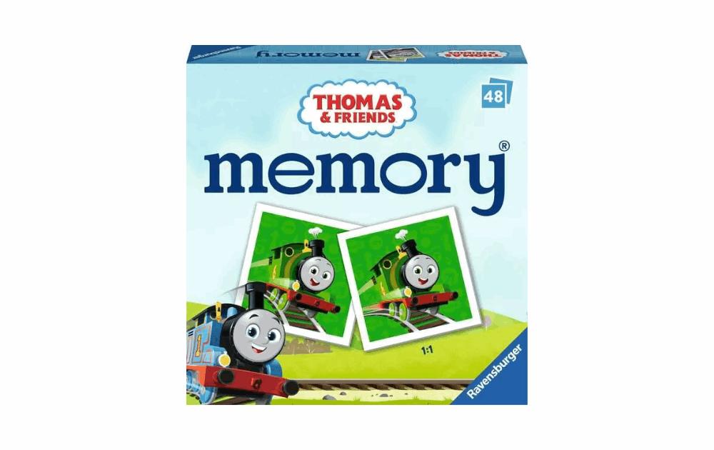Ravensburger Thomas & Friends memory game featuring colorful images of trains for kids aged 3 and up