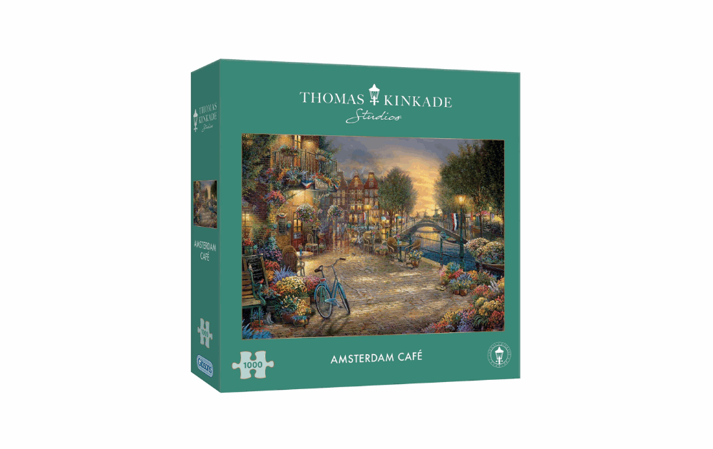 Gibsons Amsterdam Cafe jigsaw puzzle box featuring a scenic view of an Amsterdam cafe with flowers and a bike