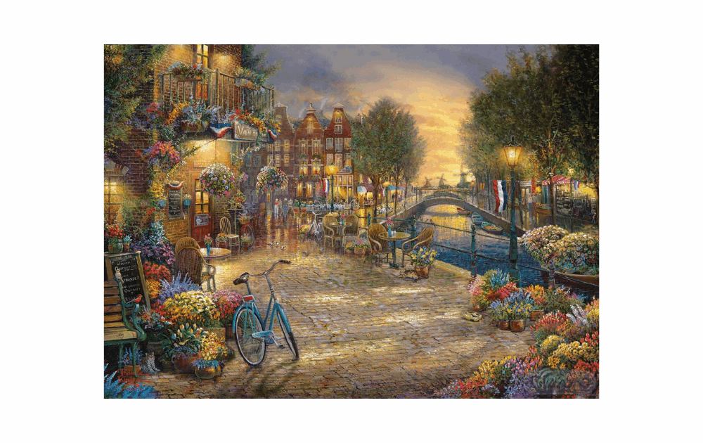 Gibsons Amsterdam Cafe jigsaw featuring a picturesque canal scene with vibrant flowers and a bicycle