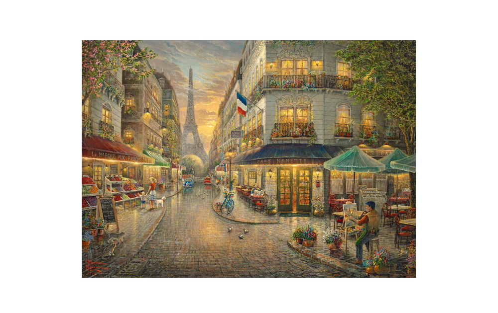 Gibsons Thomas Kinkade Paris Cafe puzzle featuring a charming street scene with the Eiffel Tower