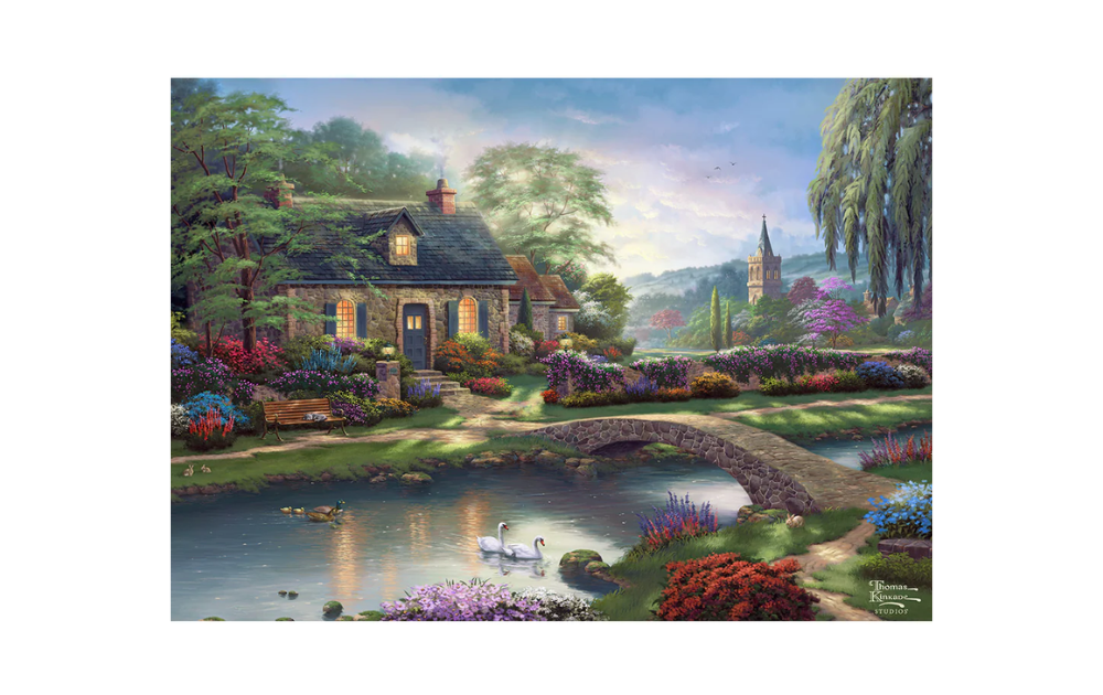 Gibsons Stoney Creek Cottage jigsaw featuring a serene cottage by a pond with swans and blooming flowers