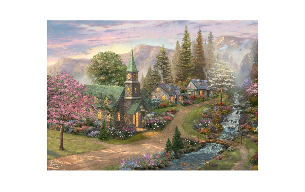 Thomas Kinkade Sunday Morning Chapel puzzle featuring a serene church scene with blooming flowers and a gentle stream