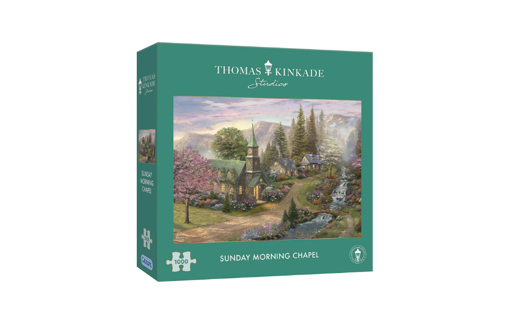 Gibsons Thomas Kinkade Sunday Morning Chapel puzzle featuring a serene chapel scene in nature