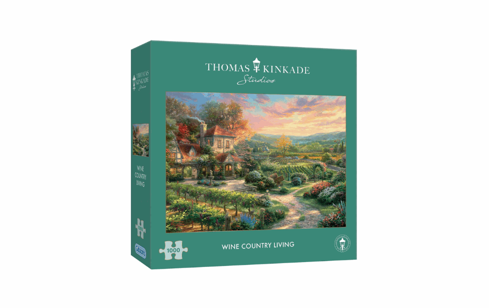 Thomas Kinkade wine country puzzle featuring a serene vineyard scene with colorful cottages
