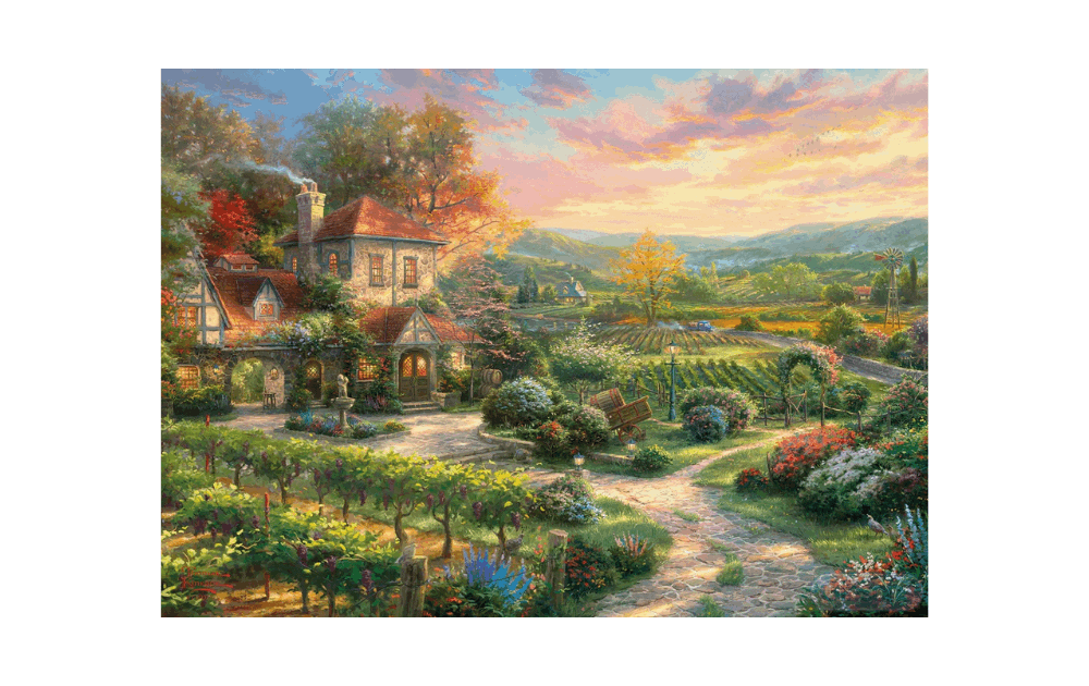 Gibsons Thomas Kinkade wine country puzzle depicting a scenic vineyard at sunset
