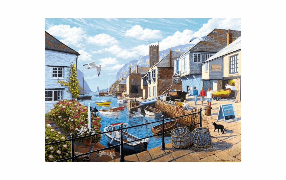 Ravensburger Tranquil Harbour puzzle featuring a scenic harbor with boats and houses