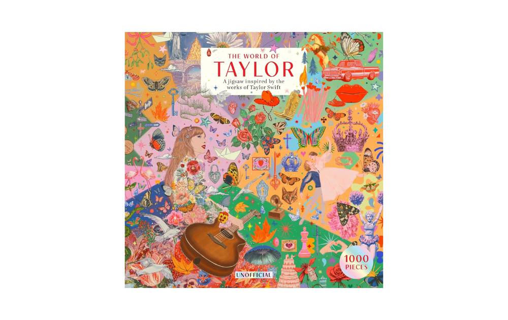 Laurence King jigsaw featuring colourful collage artwork and guitar scene The World of Taylor 1000 piece jigsaw puzzle.
