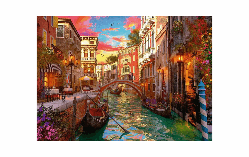 Ravensburger Venice Romance jigsaw puzzle depicting a beautiful canal at sunset
