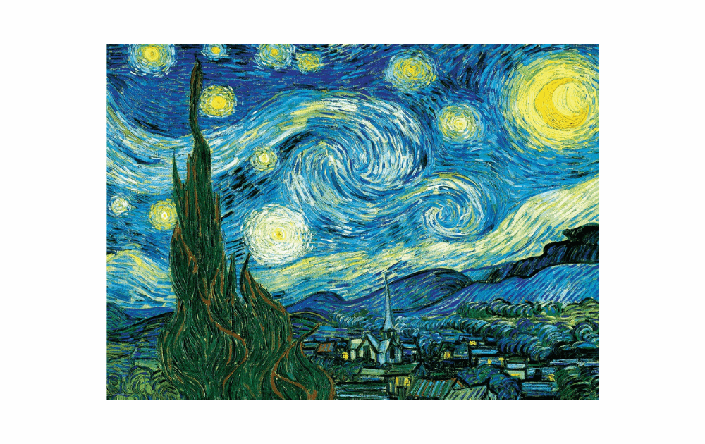 Vincent van Gogh jigsaw 100 pieces featuring Starry Night artwork with vivid colors and swirling skies