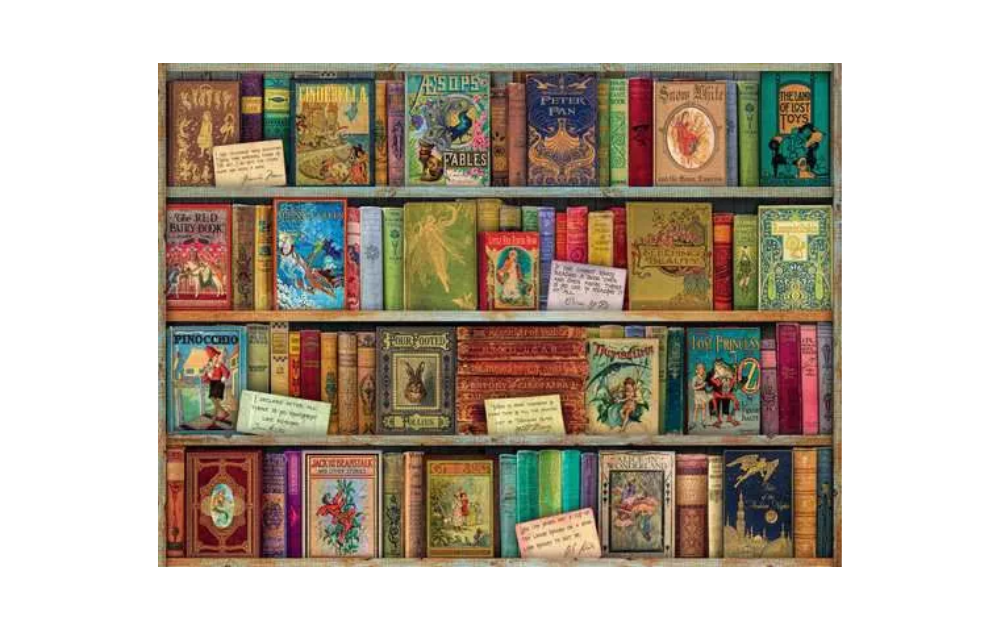 Ravensburger vintage library jigsaw puzzle featuring colorful classic book spines on a wooden shelf