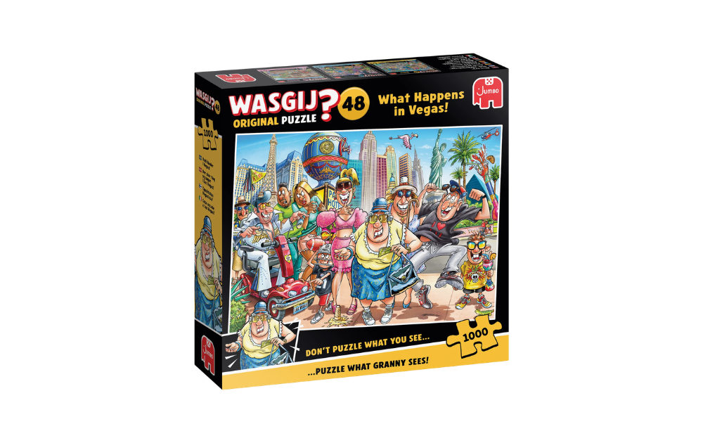 Wasgij 1000 piece What Happens in Vegas Jigsaw Puzzle featuring a vibrant casino scene with colourful characters