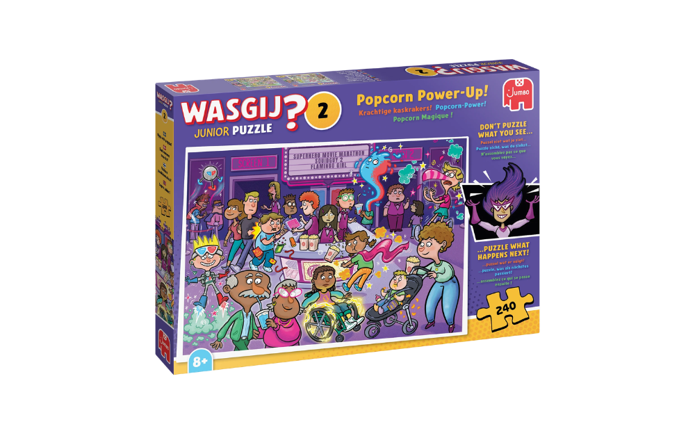 Wasgij 240 Piece Popcorn Power-Up Jigsaw Puzzle featuring a vibrant party scene with various characters