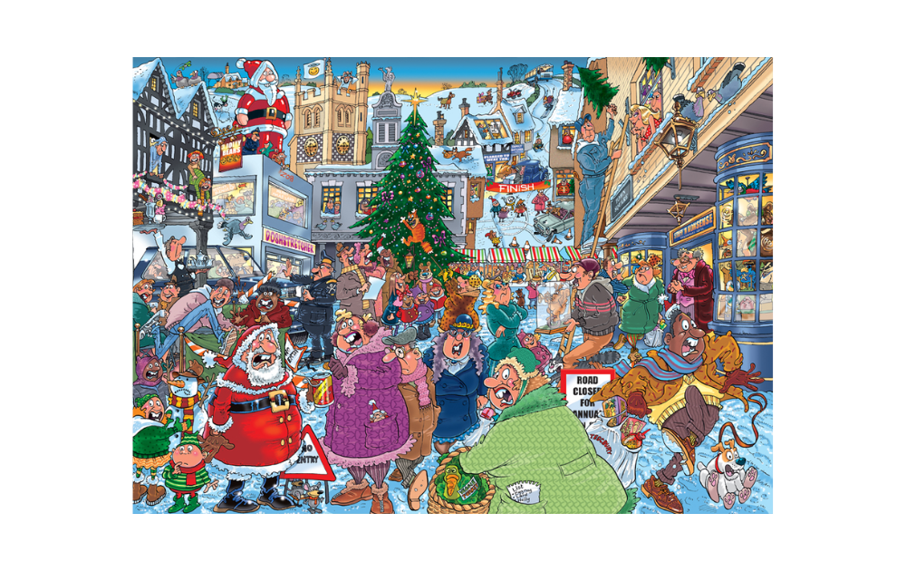 Wasgij Christmas 19 puzzle showing a festive street scene filled with holiday cheer and colorful characters
