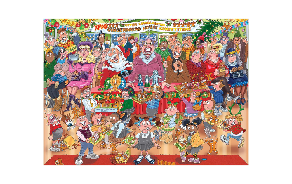 Wasgij Christmas puzzle 1000 pieces featuring a bustling holiday scene filled with festive characters and decorations