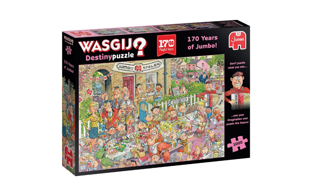 Wasgij Destiny 170 Years of Jumbo puzzle box featuring a colorful 1000 piece design and cheerful characters