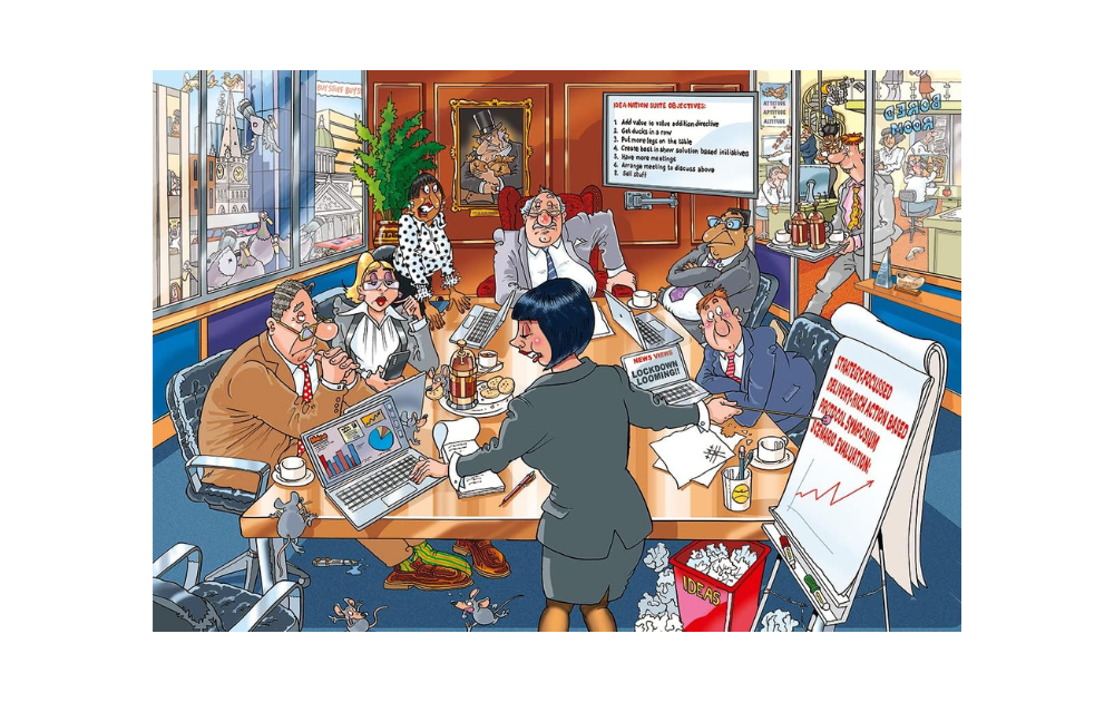 Wasgij Destiny 24 puzzles depicting a humorous office meeting scene with colorful characters and details