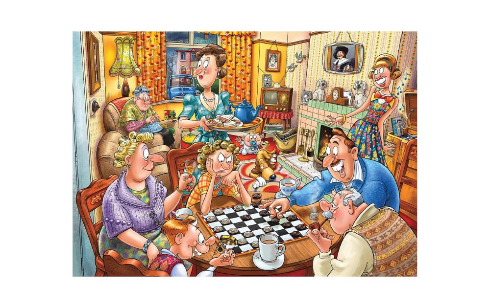 Wasgij Destiny 25 puzzle showing a lively games night scene with cheerful characters around a chessboard