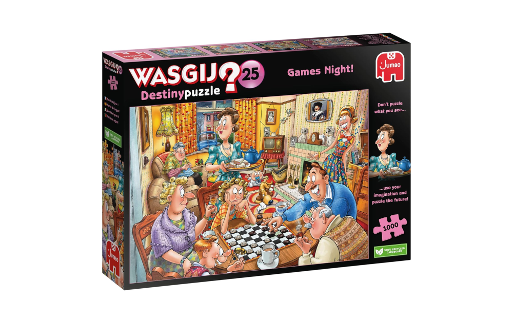 Wasgij Destiny 25 puzzle featuring a lively games night scene with family and friends, 1000 pieces