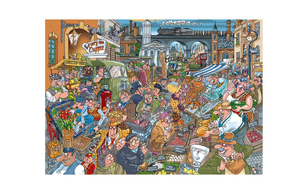 Wasgij Destiny 26 puzzle depicting a bustling marketplace scene with numerous characters and vibrant details