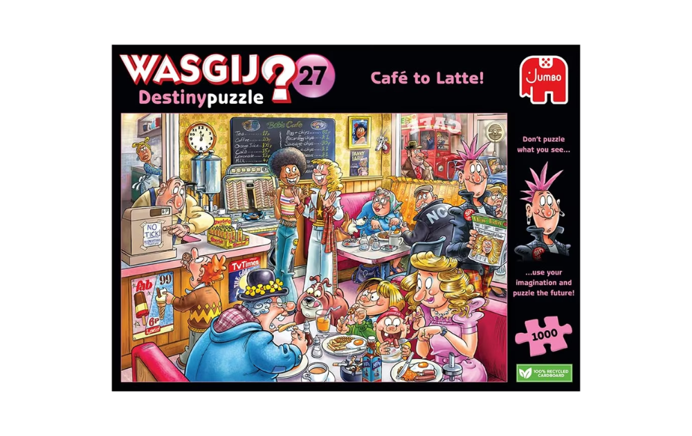 Wasgij Destiny 27 puzzle featuring a colorful cafe scene with diverse characters and vibrant details
