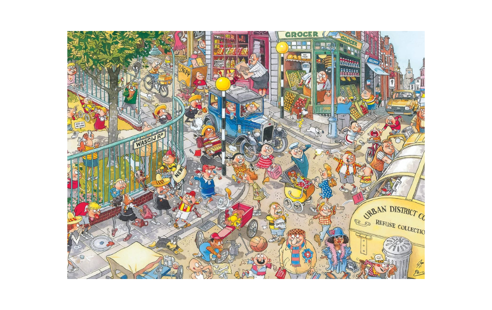Wasgij Destiny 6 Child's Play puzzle showing a vibrant town scene filled with playful characters and activities