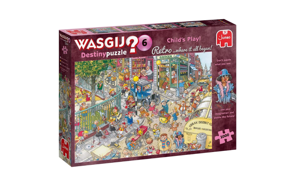 Wasgij Destiny 6 Child's Play puzzle box featuring colorful artwork of a nostalgic playground scene