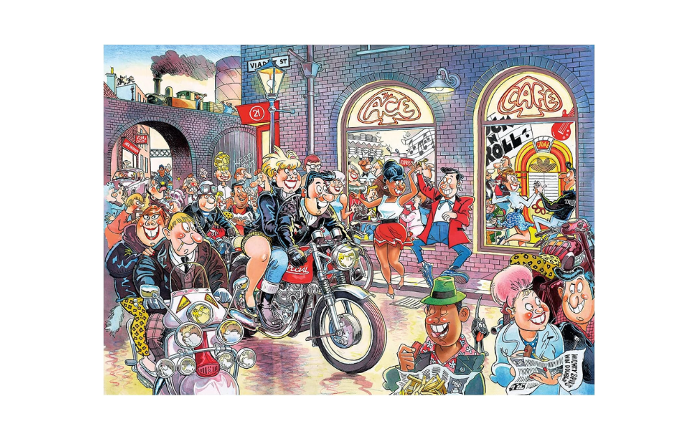 Wasgij Destiny 7 puzzle featuring vibrant nightlife scene with characters and motorcycles in a lively café setting