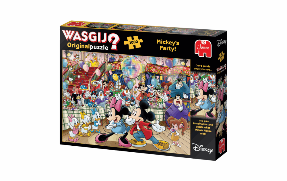 Wasgij Disney Mickey's Party puzzle by Jumbo featuring colorful Mickey Mouse celebration scene