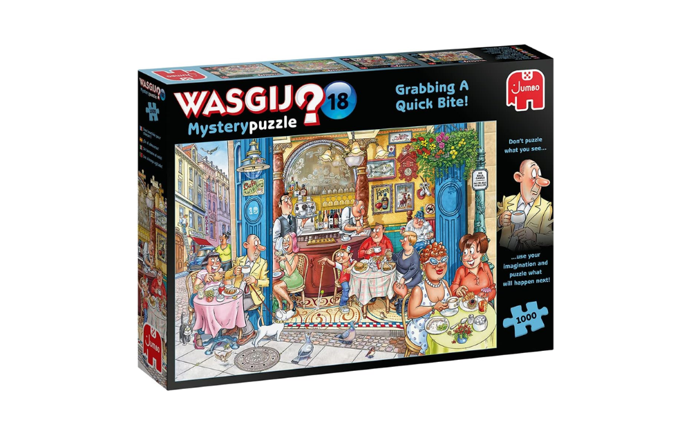 Wasgij Mystery 18 puzzles Grabbing a Quick Bite 1000 Piece Puzzle by Jumbo with lively restaurant scene