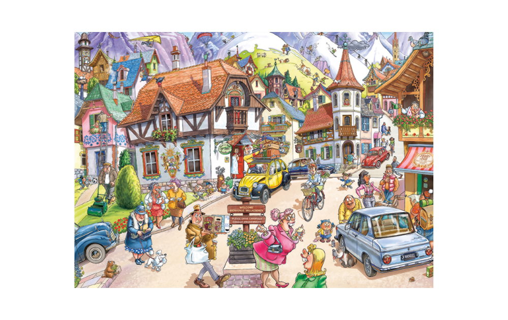 Wasgij Mystery 20 puzzle featuring a busy mountain village scene with colorful characters and vehicles