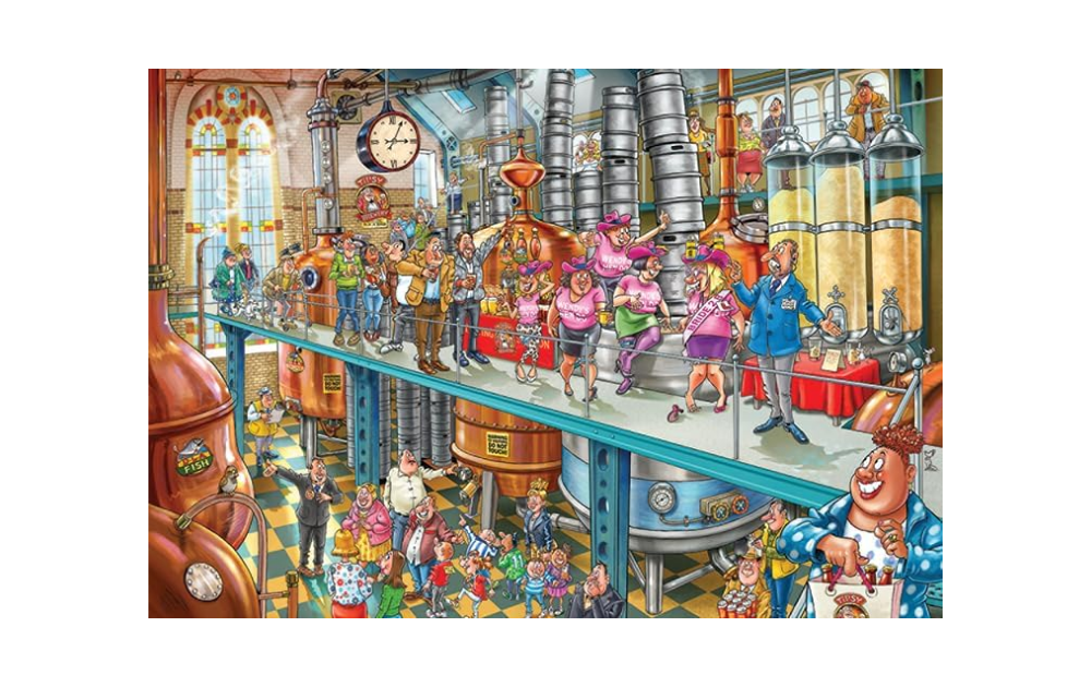 Wasgij Mystery 21 puzzle featuring a vibrant scene of characters brewing in a colorful industrial setting