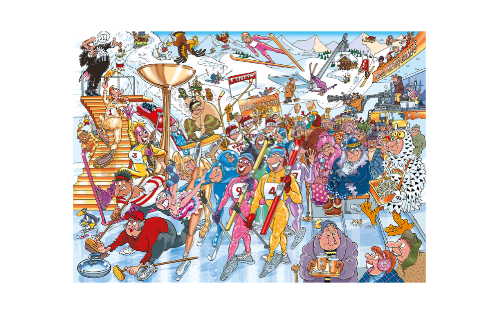 Wasgij Mystery 22 puzzle featuring a lively winter games scene with colorful characters and activities