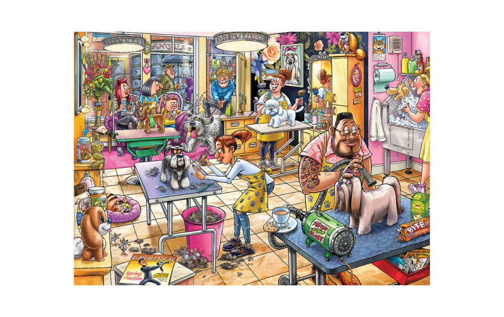 Wasgij Mystery 23 Pooch Parlour puzzle featuring a colorful scene of dog grooming in a lively pet salon