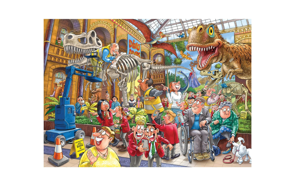 Wasgij Mystery 24 puzzles featuring a humorous museum scene with dinosaurs and quirky characters