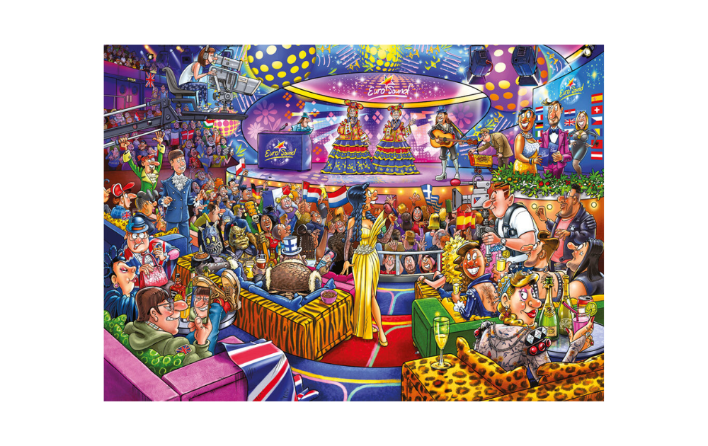 Wasgij Mystery 25 puzzle featuring a colorful crowd at the Eurosound Contest jigsaw scene