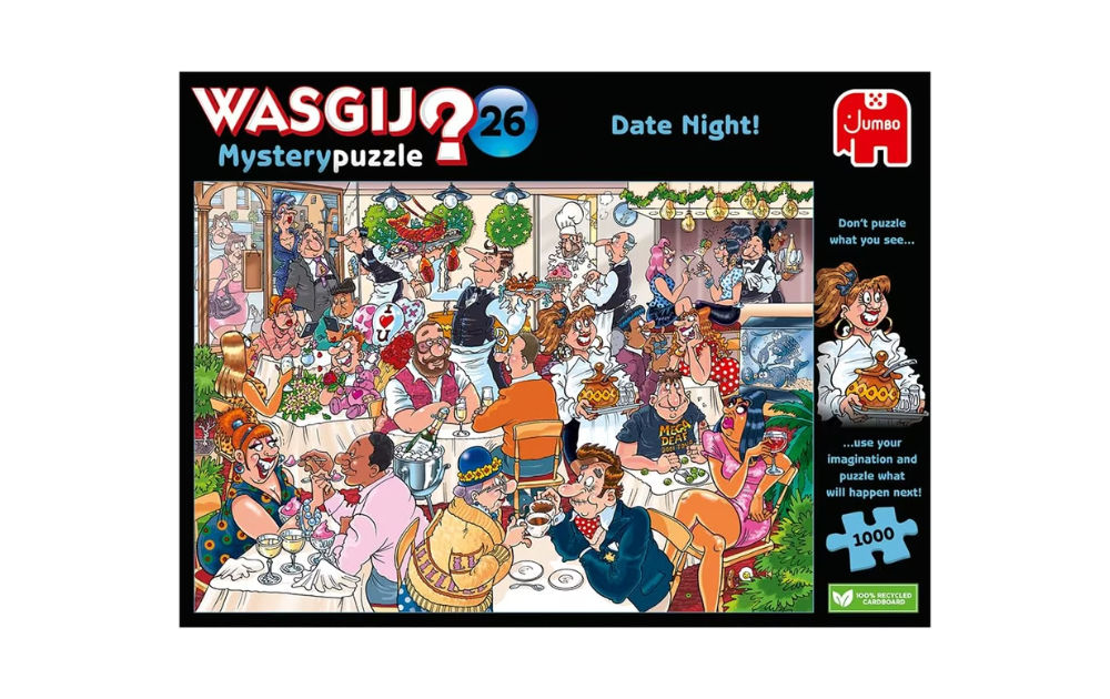 Wasgij Mystery 26 Date Night puzzle featuring a crowded dinner scene with characters and humorous scenarios