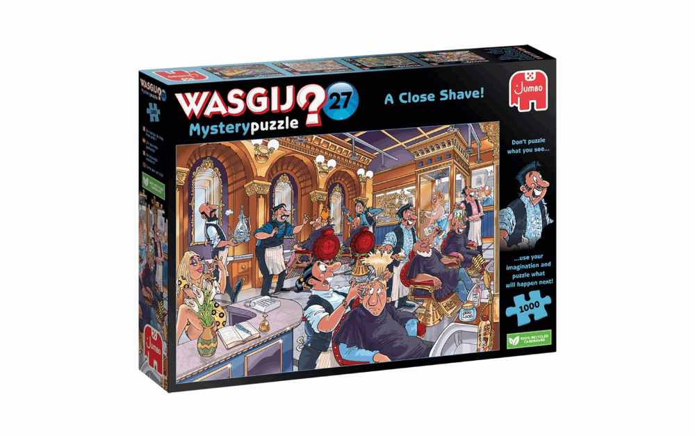 Wasgij Mystery 27 puzzle of a busy barbershop scene with quirky characters and humorous details