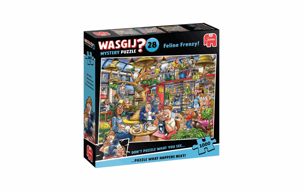 Wasgij Mystery 28 puzzle featuring a colorful cat-themed scene in a cozy café, 1000 pieces