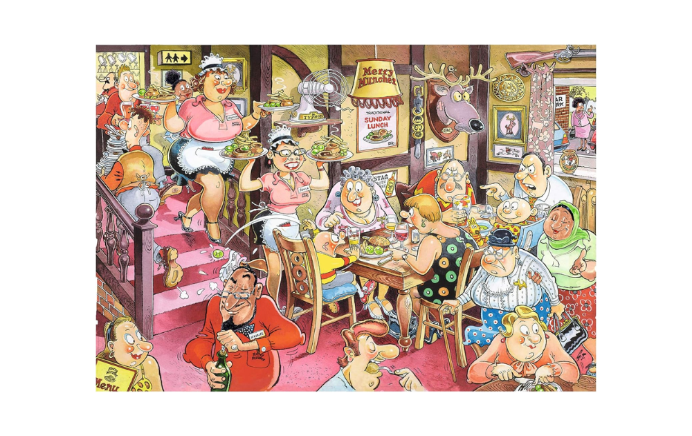 Wasgij Mystery 5 puzzle depicting a busy restaurant scene with characters enjoying Sunday lunch