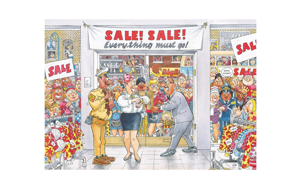 Wasgij Mystery 7 puzzle featuring a bustling sale scene with humorous characters in a shop setting