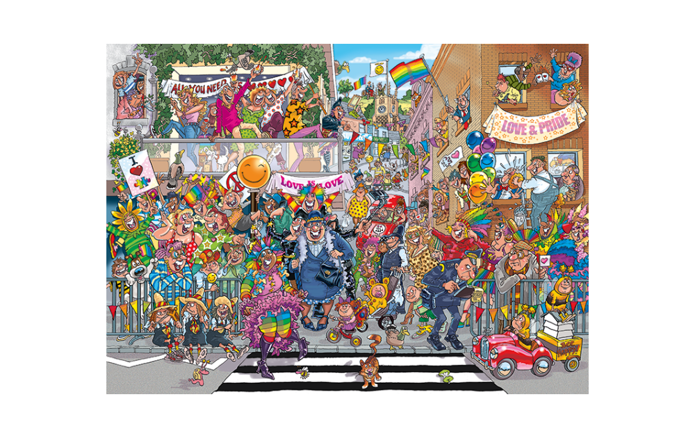 Wasgij Original 34 puzzle featuring a vibrant parade scene with colorful characters and festive decorations