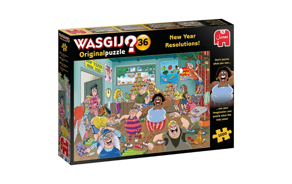 Wasgij Original 36 puzzle featuring a funny scene of New Year resolutions with colorful characters and vibrant details